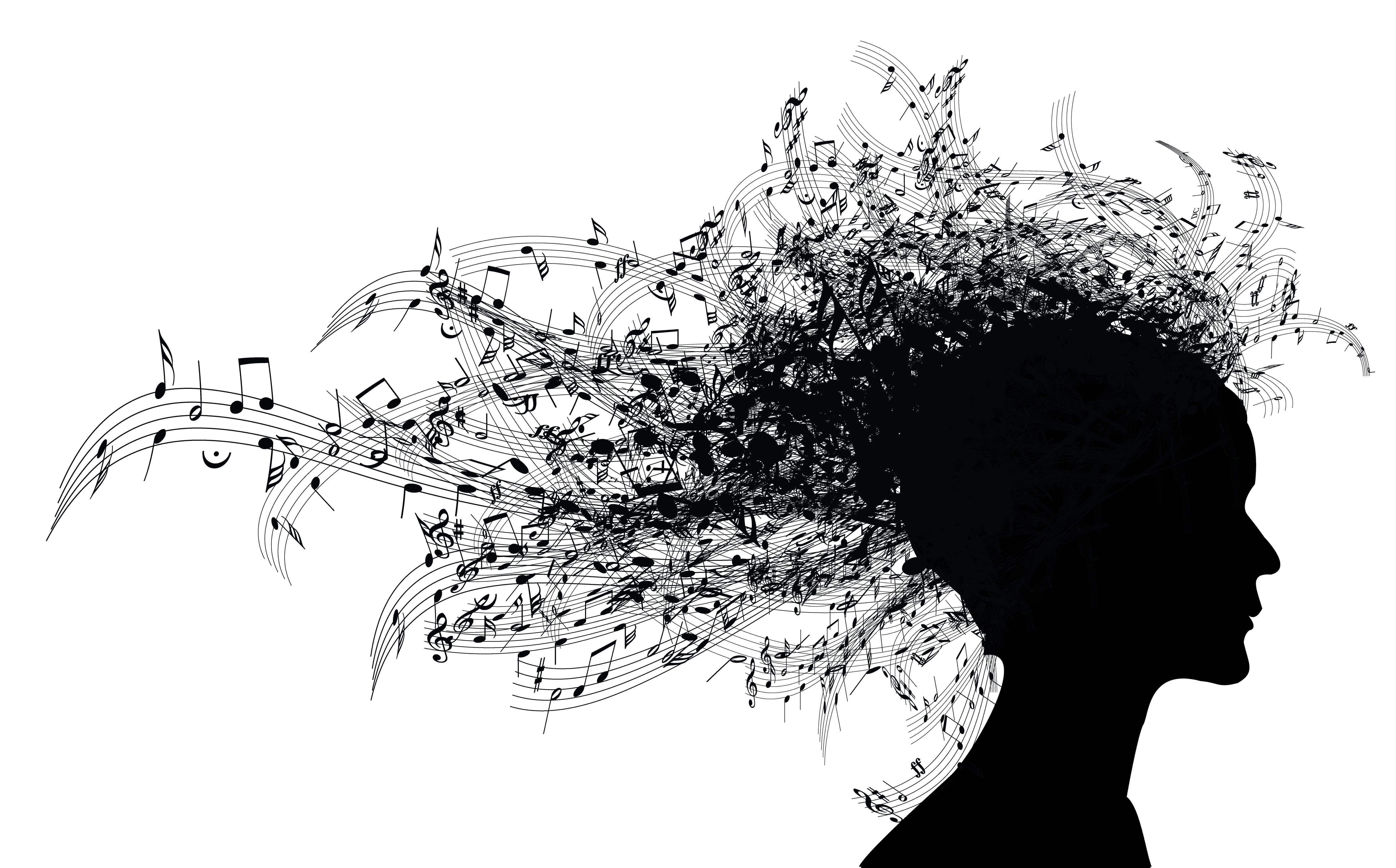 Silhouette image of woman with musical notes streaming from her head like hair.